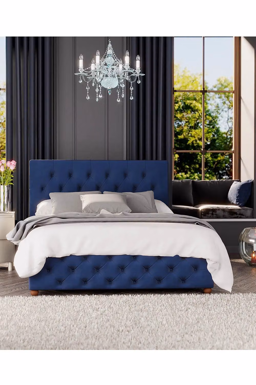 Laurence Llewelyn-Bowen Luna Ottoman Storage Bed in Navy Blue Plush Velvet Fabric, Super King, W/D/H: 200 x 200 cm – 4
