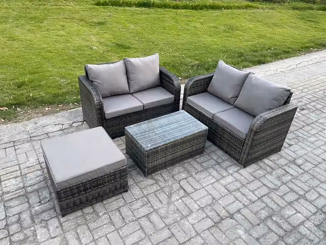 Fimous Rattan Outdoor Lounge Set with 2-Seater Sofa, Coffee Table and Ottoman in Dark Grey Mixed