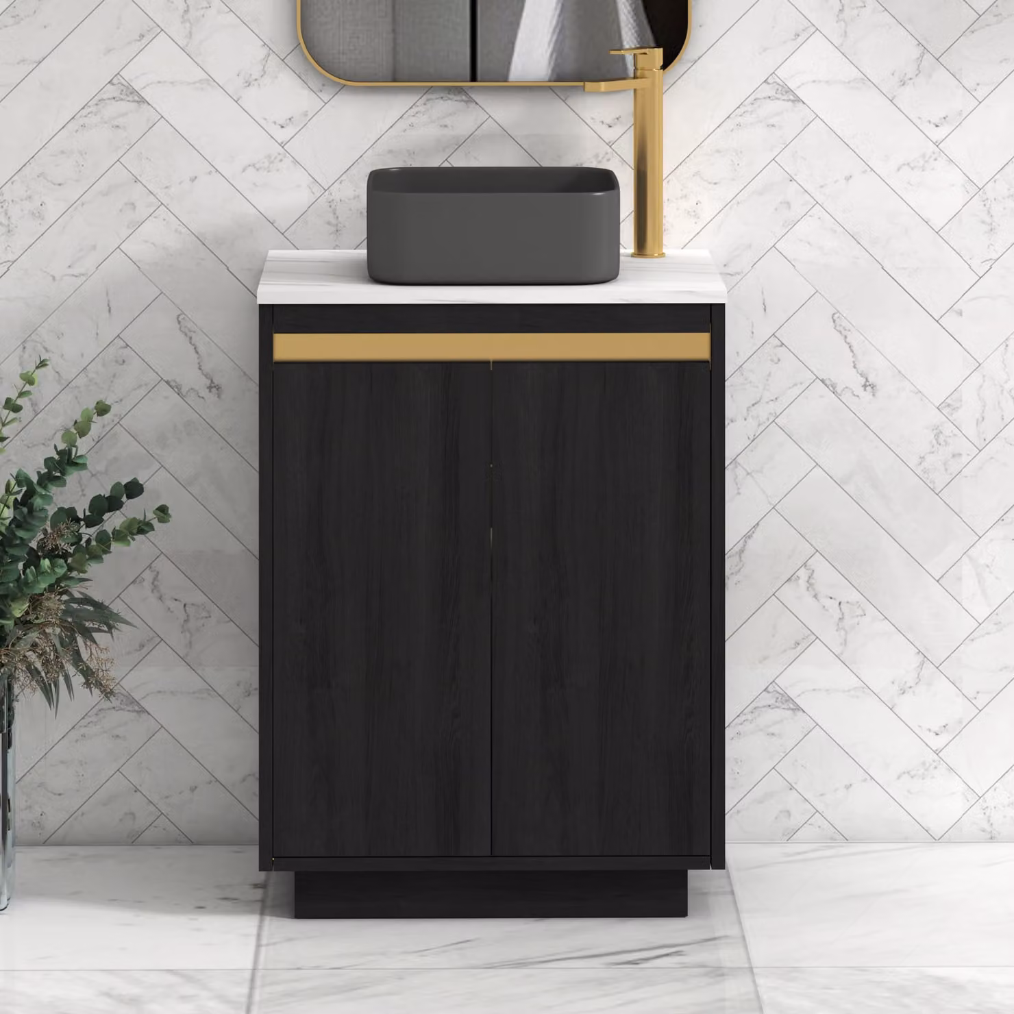 Royal Bathrooms Orion 600mm Hale Black Floor Standing 2 Door Vanity Unit with Carrara White Art Square Basin and Brushed Brass Accent Trim