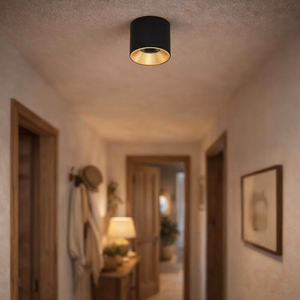 Netlighting Altisma Round LED Surface Mounted Downlight in Matt Black and Gold with 3000K Warm White Light – 3