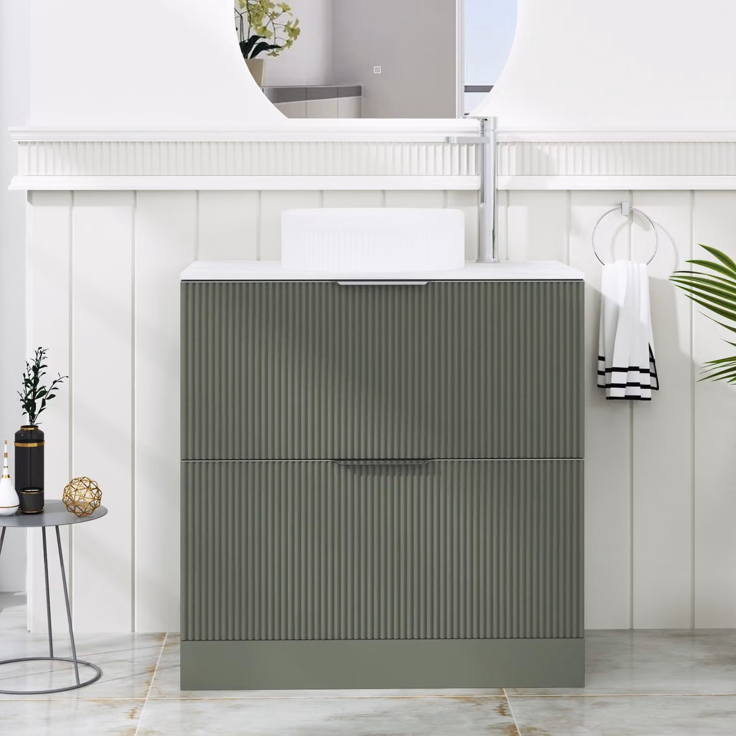 Royal Bathrooms Evora 800mm Sage Green Fluted Floor Standing Countertop Vanity Unit with 2 Drawers and Round Basin