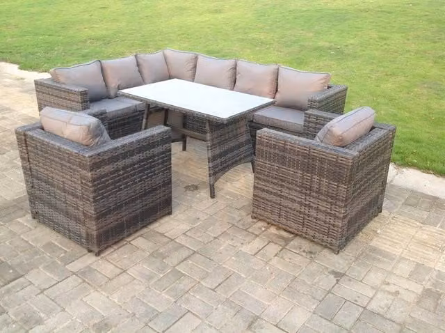 Fimous Rattan Corner Sofa Set with 2 Chairs and Dining Table, Left Hand, Dark Grey