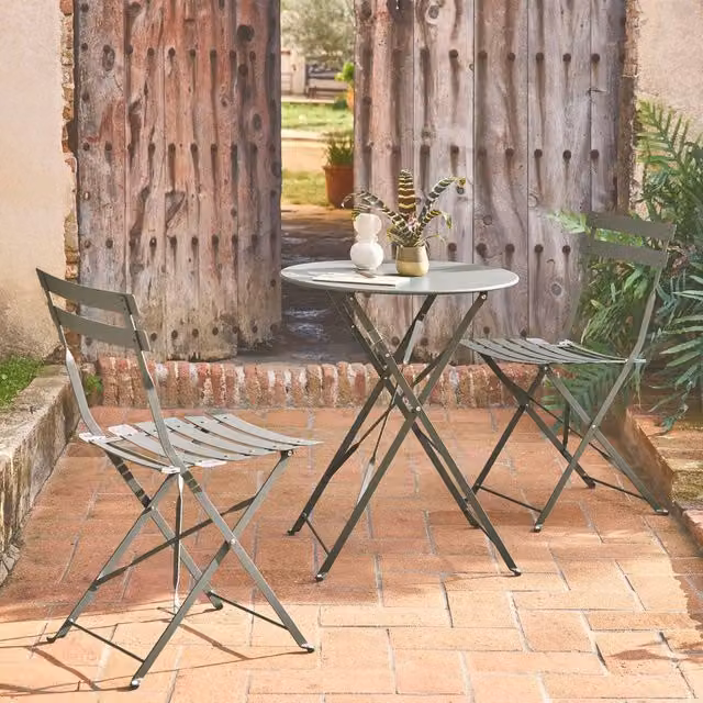 sweeek Round Folding Metal Bistro Garden Table and 2 Chairs Set in Khaki