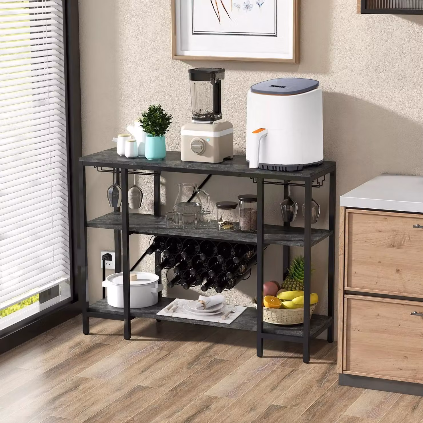 Costway 3-tier Industrial Wine Bar Cabinet with Storage Shelves and Glass Holder in Grey – 3