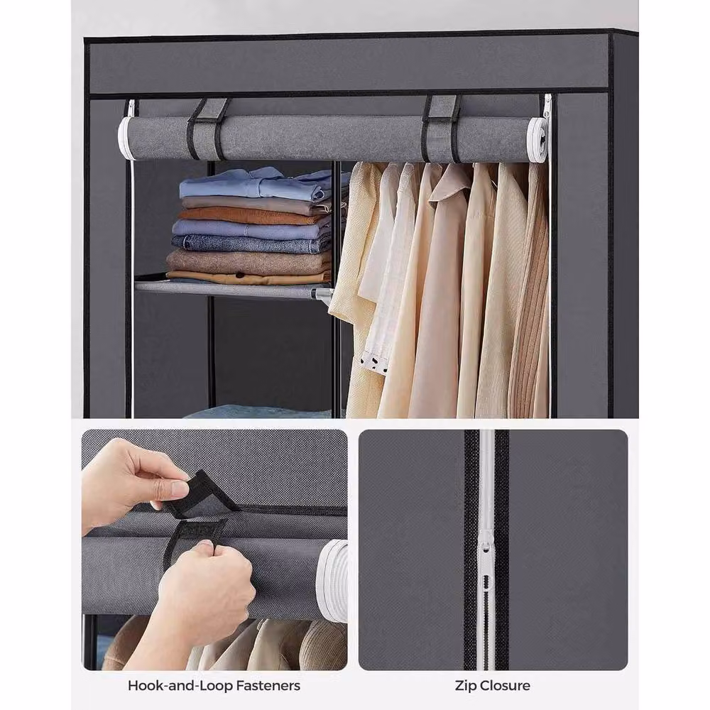 The Bazaarist Grey Fabric Wardrobe with Hanging Rail and 6 Shelves – 4