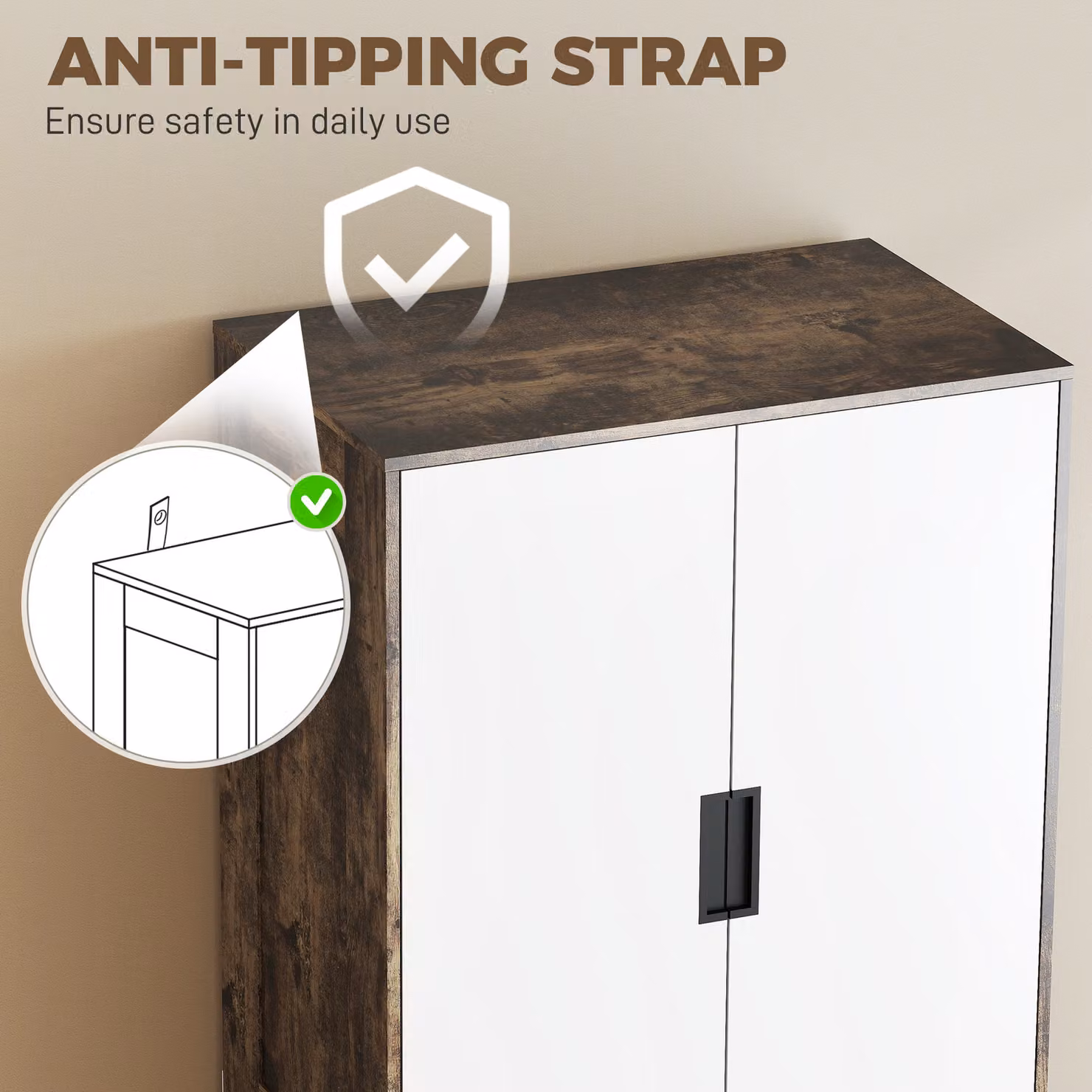 HOMCOM Modern Clothes Storage Cupboard with 2 Doors, 3 Drawers and Hanging Rod, Brown and White – 6