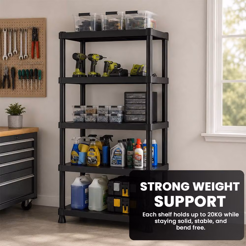 MANTRARAJ Heavy Duty 4 Tier Black Plastic Freestanding Storage Shelving Unit H 133 x W 60 x D 30 cm – 7