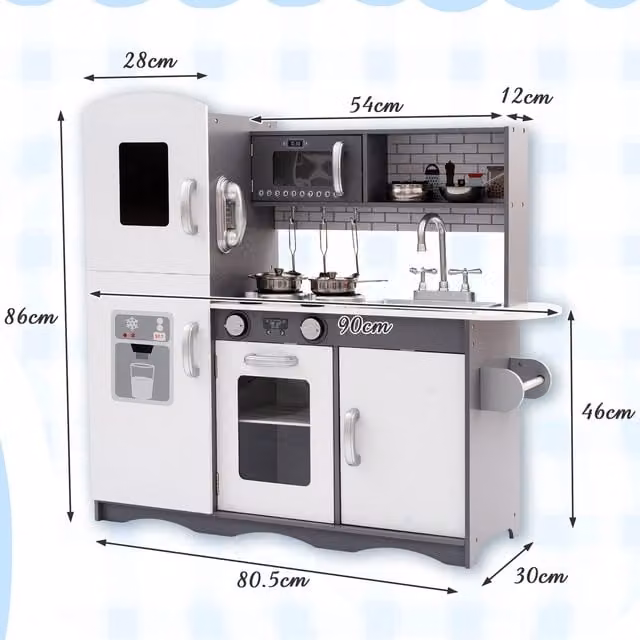 Galactica Wooden Kids Toy Role Play Kitchen Set with Cooking Accessories in Grey and White