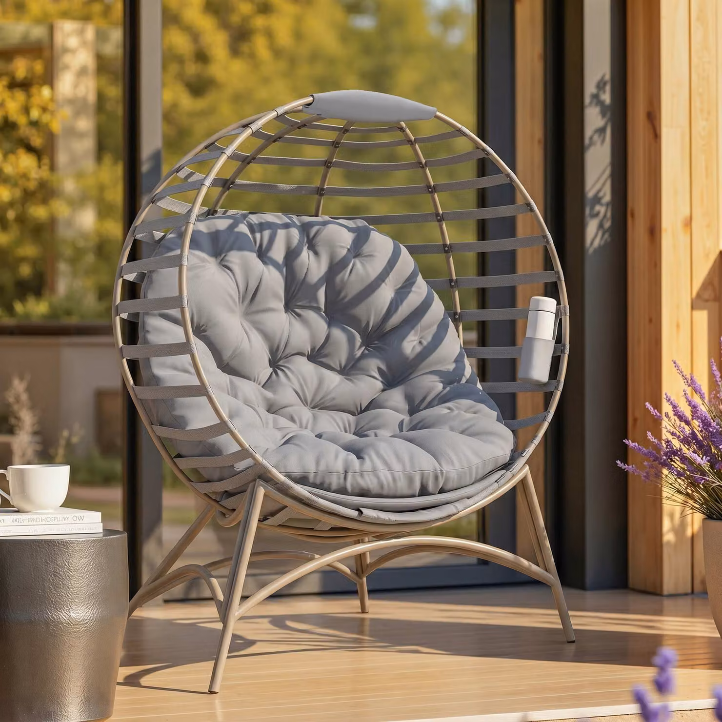 Outsunny Egg Chair with Cushion and Side Pocket in Light Grey – 2