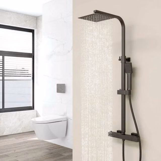 PAWNORA Matte Black Square Bar Shower Set with Thermostat, Overhead Shower and Hand Shower