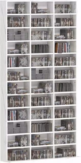 HOMCOM Modern White CD Storage Unit with Adjustable Shelves and Media Compartments, W: 102 cm, H: 195 cm