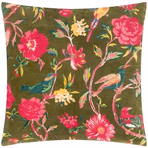 Riva Home Wylder Aviary Floral Cotton Velvet Decorative Cushion, Green, W/D/H: 50 x 50 x 50 cm