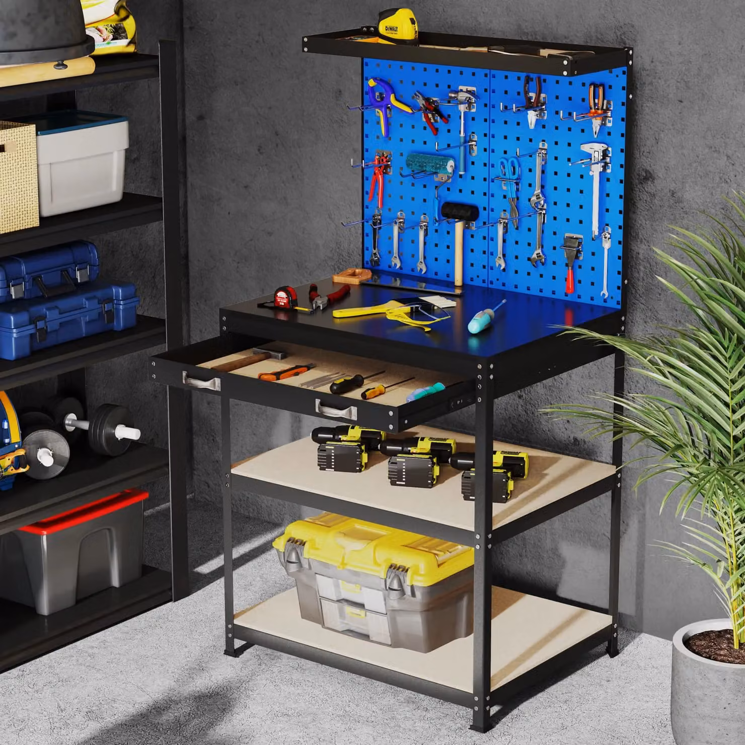 Costway Heavy-Duty Metal Workbench with 2 Pegboards, Blue, W: 81 cm, D: 41 cm, H: 156 cm – 4