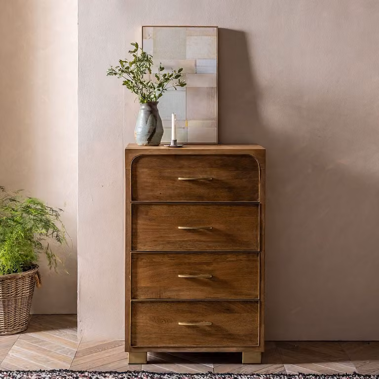 Atkin and Thyme Miro Tall Chest of Drawers in Brown and Gold Wood