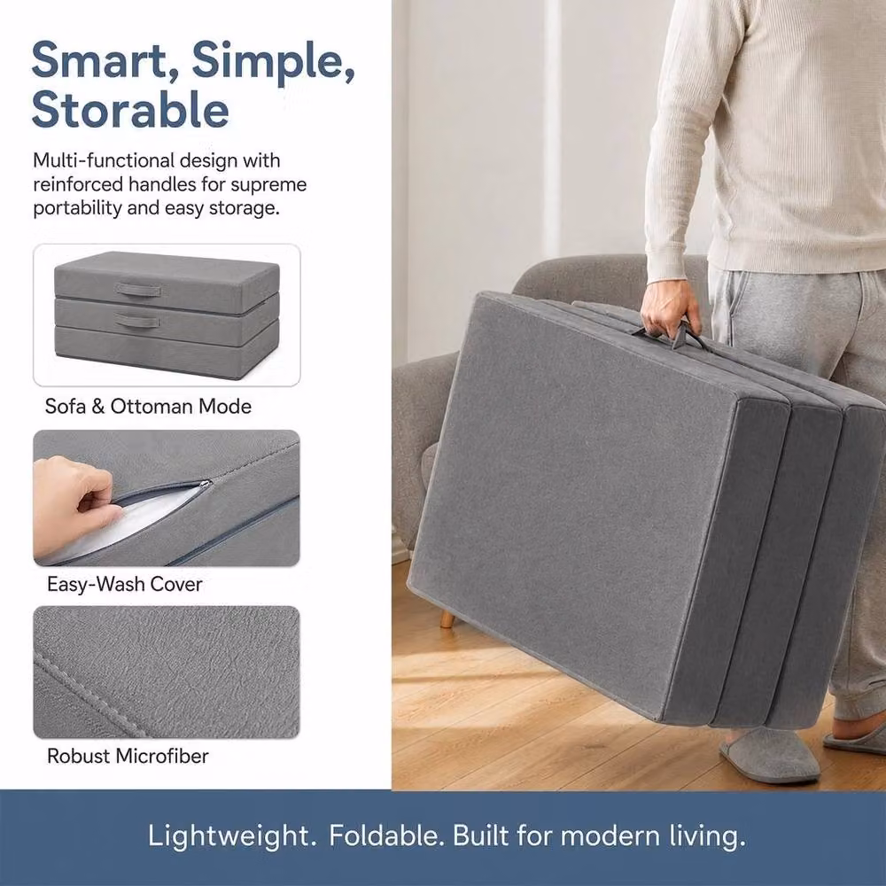 KORVIXA M Trifold Folding Mattress with Removable Grey Fabric Cover, W/D/H: 90 x 200 cm – 2