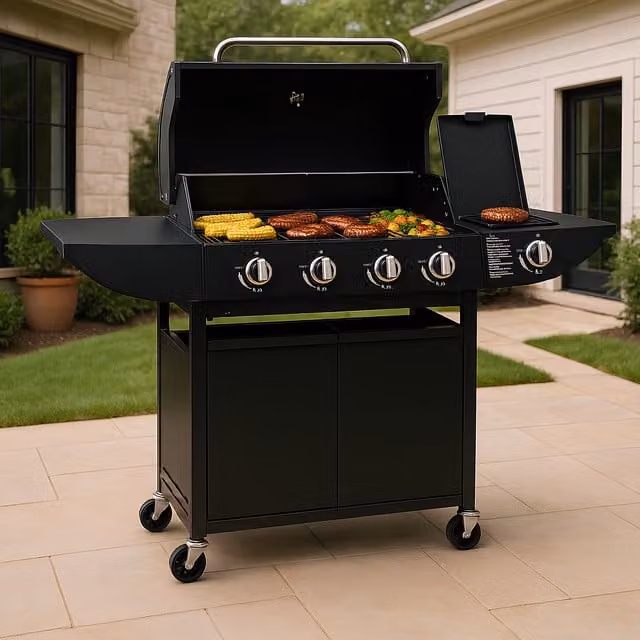 Campfire 4+1 Gas Burner BBQ Barbecue with Side Burner in Black
