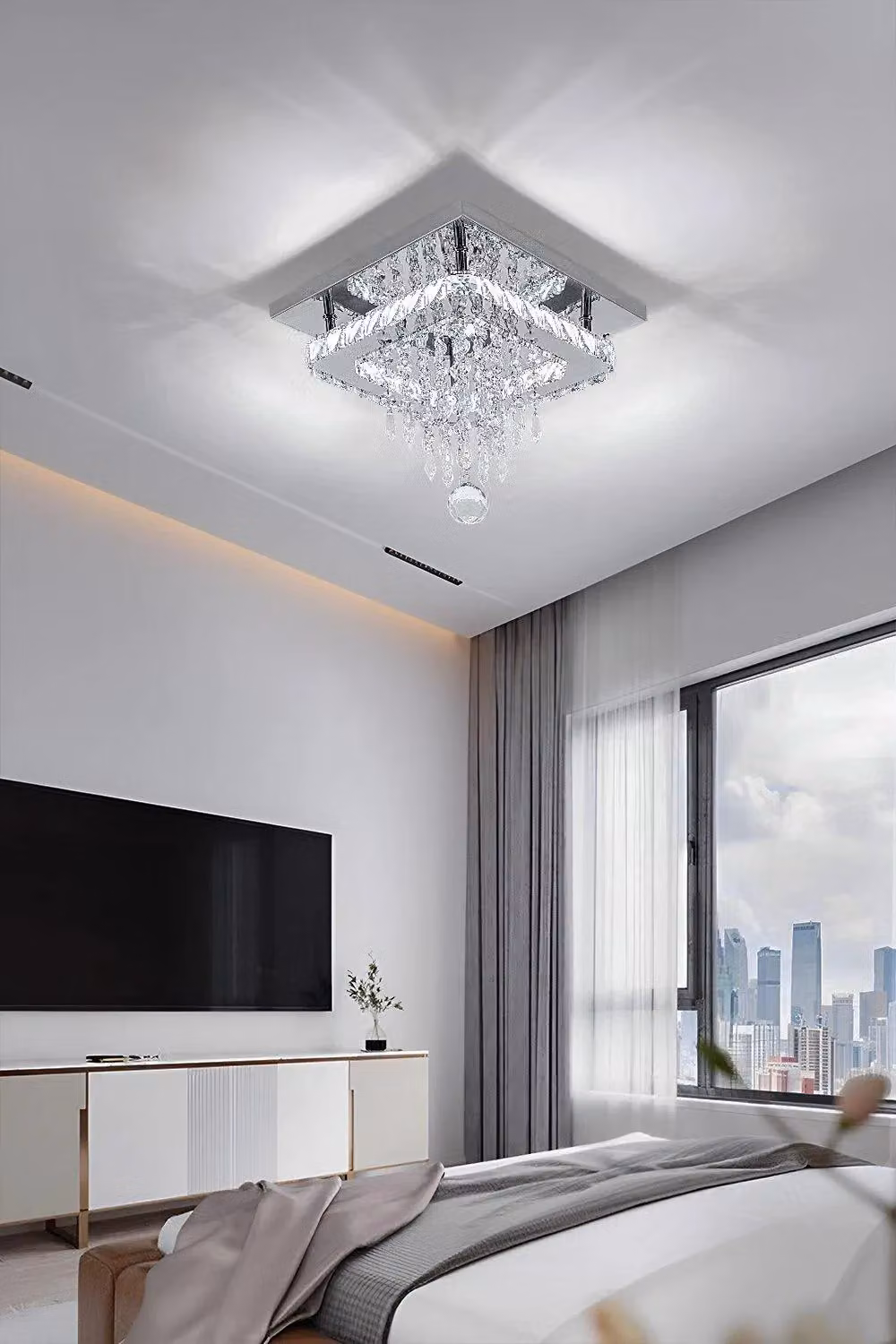 H&O Direct Modern Crystal Ceiling Light in Silver and Chrome with Transparent Drops – 2