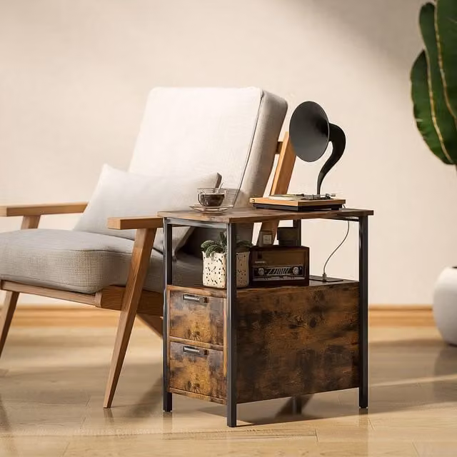 HOMCOM Side Table with Charging Station, 2 Drawers and Shelf in Rustic Brown