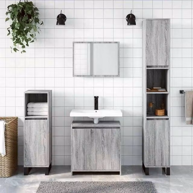 Berkfield Home 2 Piece Modern Grey Bathroom Furniture Set with Vanity Unit and Mirror Cabinet, W/D/H: 60 x 33 x 61 cm and 60 x 33 x 61 cm