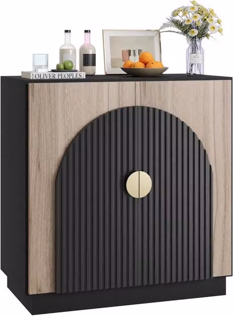 KORVIXA Fluted Sideboard Cabinet with Arched Doors and Gold Handles in Black, W: 100 cm, H: 100 cm – 1