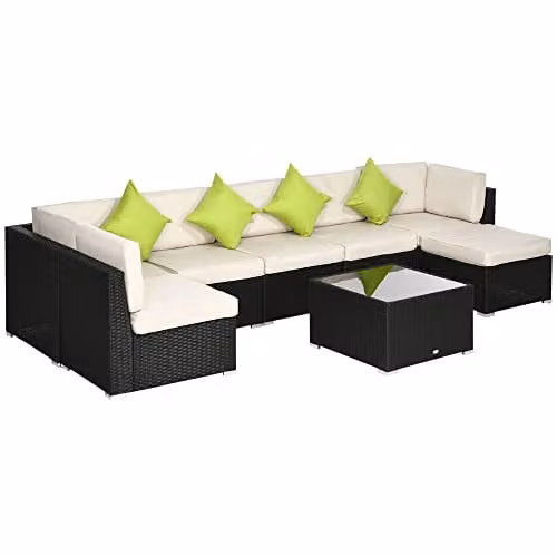 Outsunny 8 Piece L-Shape Rattan Garden Furniture Set with Cushions and Ottoman in Black
