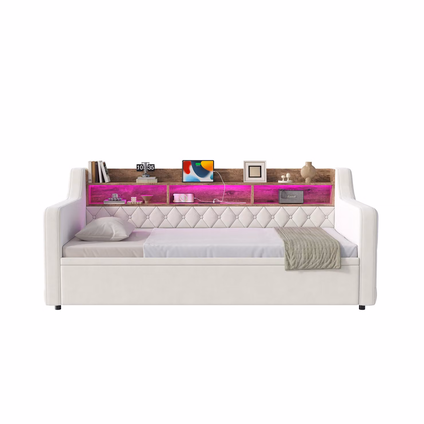 Aosom UK 2-in-1 Beige Velvet Sofa Bed with Storage Headboard, LED Lighting and USB Charging, W/D/H: 201 x 107 x 80 cm – 2