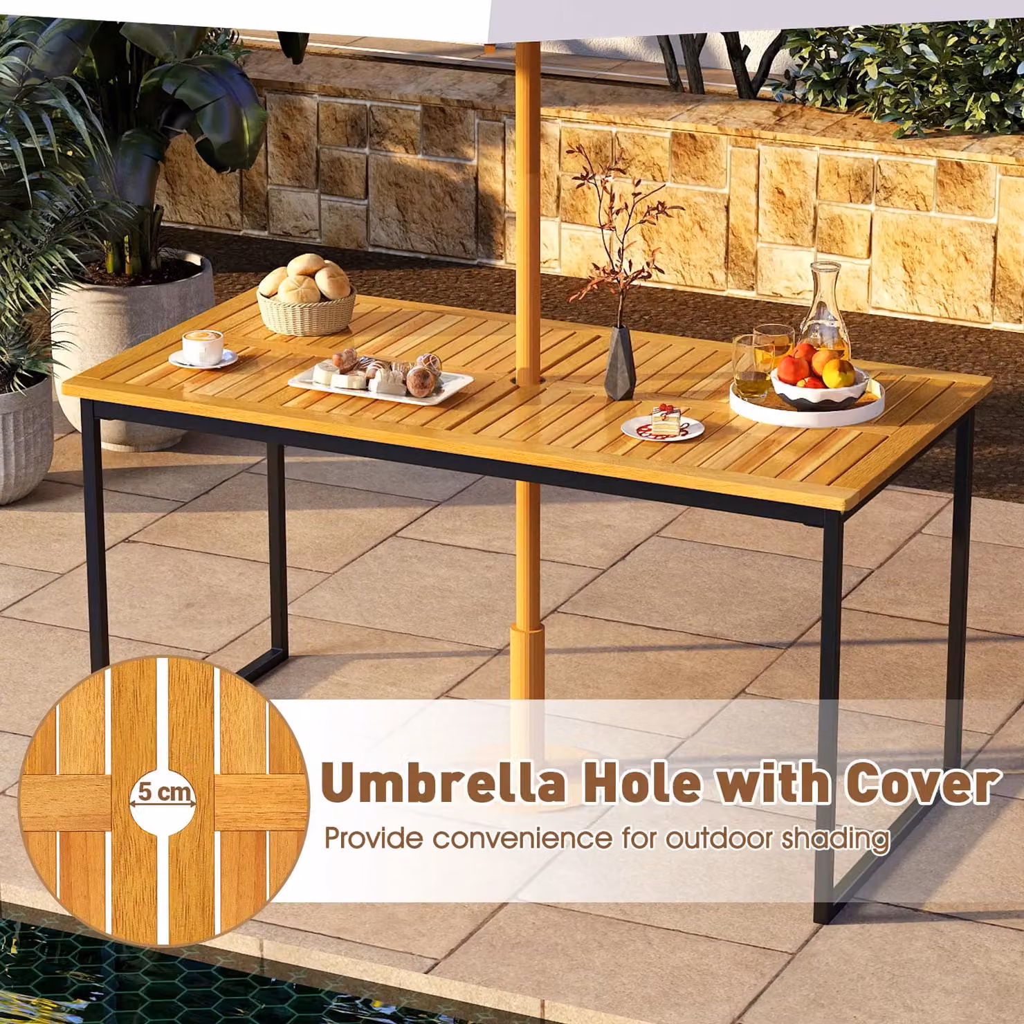 Gymax 6-Person Acacia Wood Dining Table with Umbrella Hole in Khaki, W/D: 140 x 70 cm – 6