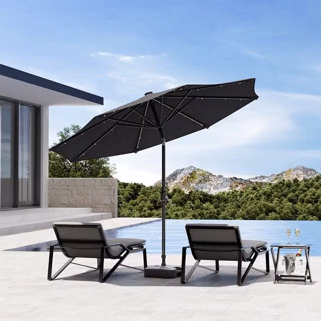 Komore Modern Freestanding Garden Lighted Parasol with Base in Dark Grey and Black