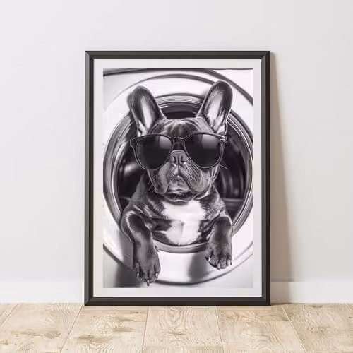 60 Second Makeover French Bulldog In Tumble Drier Illustration Wall Art, A3 Size, Multicolour