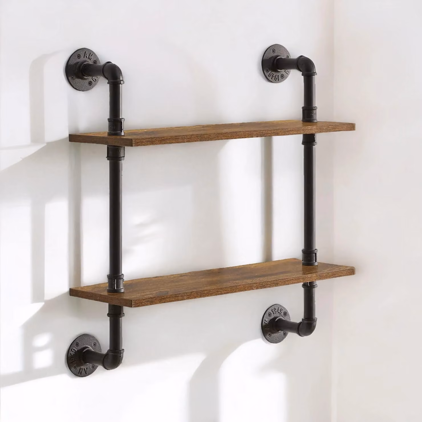 Rafaelo Mobilia Industrial Pipe Wall-Mounted 2 Tier Floating Shelves in Dark Brown and Black, W/D/H: 65.5 x 21.0 x 60.0 cm – 2