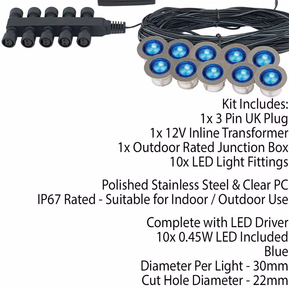 Loops IP67 Blue Round LED Decking Plinth Light Kit with 10 Stainless Steel Garden Lamps – 2