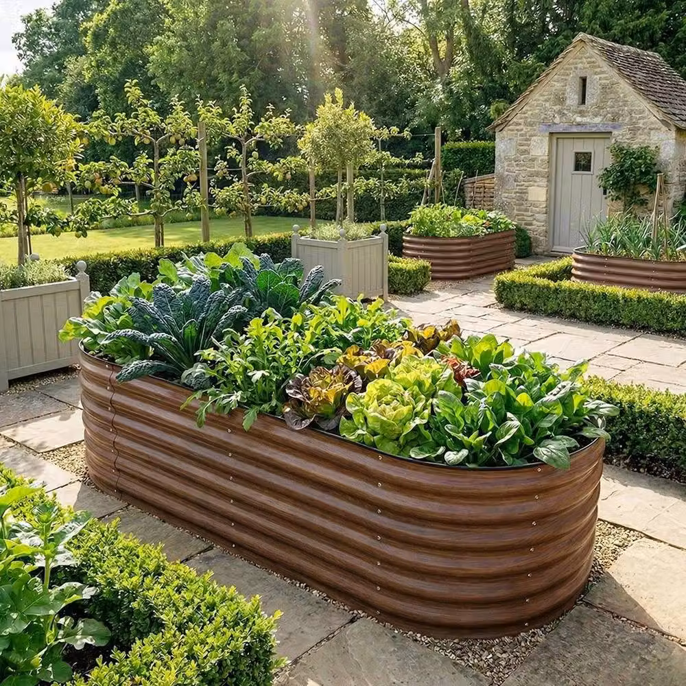 FLAVORA Oval Brown Metal Raised Bed Vegetable Planter, W: 180 cm, D: 90 cm, H: 43 cm – 4