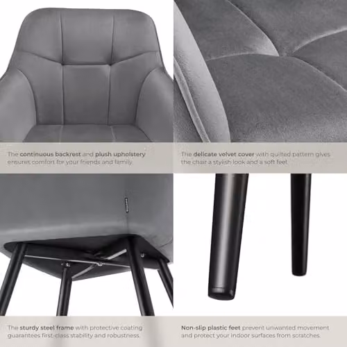 tectake Marilyn Set of 2 Modern Dining Chairs with Velvet-Look Fabric and Geometric Pattern in Grey/Black – 6