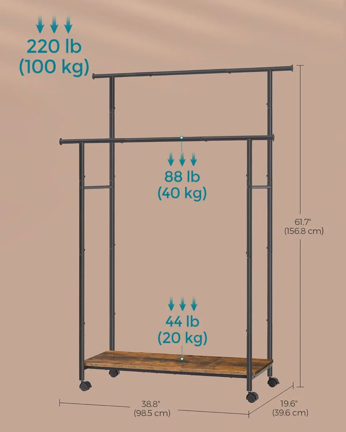 SONGMICS Double Clothes Rail with Shelf and Wheels in Matt Black – 2