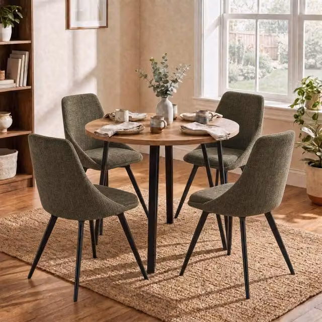FWStyle Round Oak Dining Table Set with 4 Green Swivel Chairs in Brown, Diameter: 90 cm