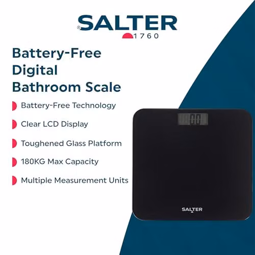 Salter Digital Bathroom Scale in Black with Toughened Glass Platform and LCD Display, 180kg Max Capacity – 2