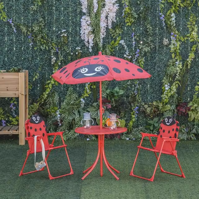 Outsunny Kids Garden Table and Chairs Set with Adjustable Umbrella in Red