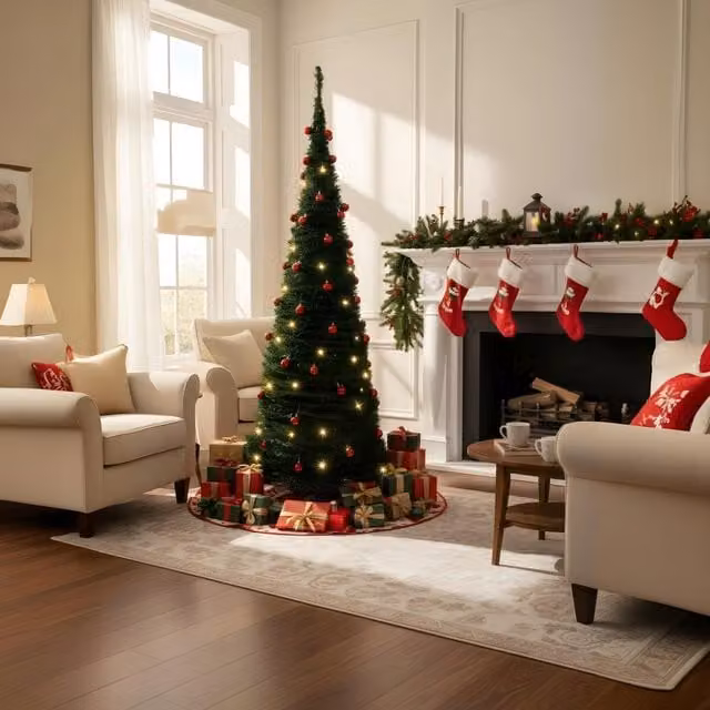 Shatchi 4ft Green Pop Up Christmas Tree with Red Baubles and Battery Operated Warm White LED Lights