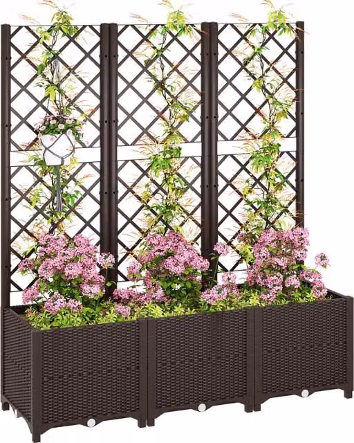 Outsunny Brown Plastic Raised Garden Bed with Trellis and Drainage Holes for Climbing Plants, Vegetables and Flowers, W: 140 cm, D: 120 cm, H: 40 cm – 1