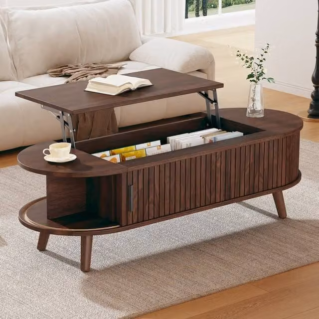 ModernLuxe Oval Lift Top Coffee Table with Hidden Storage in Brown Walnut