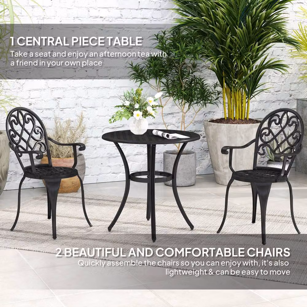 OUTSUNNY 3-Piece Black Aluminium Garden Bistro Set with Round Table and 2 Chairs – 4