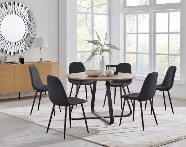 FurnitureboxUK Santorini Brown Round Dining Table and 6 Corona Black Leg Chairs, Diameter: 120 cm, Height: 75 cm