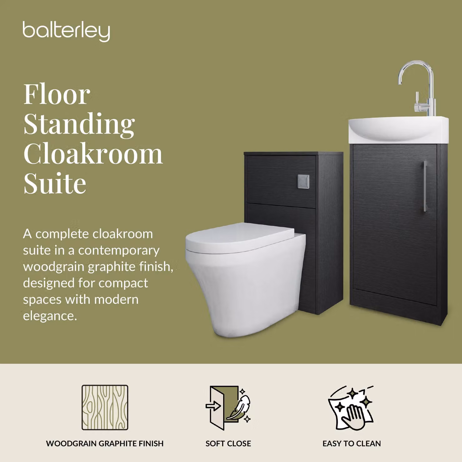 Balterley Left Hand Cloakroom Suite with Vanity, WC, Toilet and Tap Set in Matt Grey, 440mm – 2