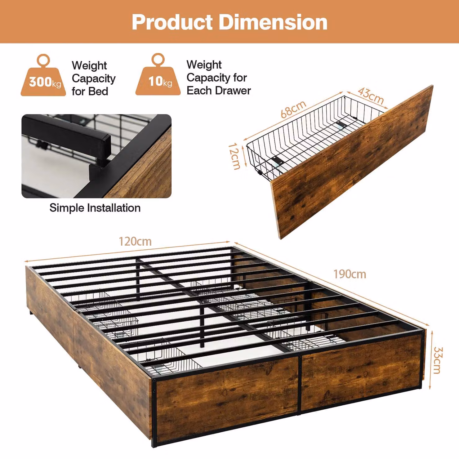 Costway Metal Iron Bed Frame Platform Bed Base with 4 Drawers in Amber Brown, W/D/H: 120 x 190 cm – 3