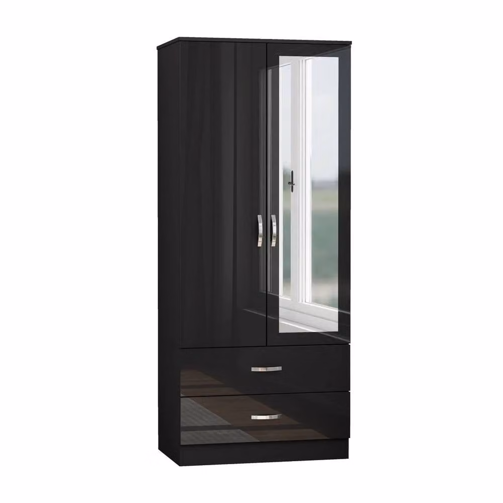 FORGEVIO Modern Black Glossy Wardrobe with Integrated Drawers and Mirror on Door – 3