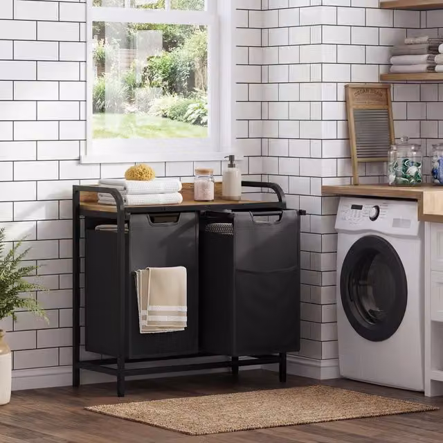 Yaheetech Pull-Out Laundry Basket with Shelf and Removable Bag, Brown or Black, H 120 x W 69 x D 69 cm