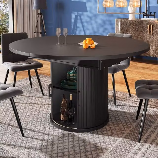 BTM Extendable Round Dining Table in Black, Seats 6, W/D/H: 118 x 118 x 76.8 cm