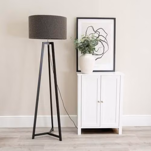 ValueLights Black Wood Tripod Floor Lamp with Charcoal Grey Boucle Drum Lampshade and Included LED Bulb – 2