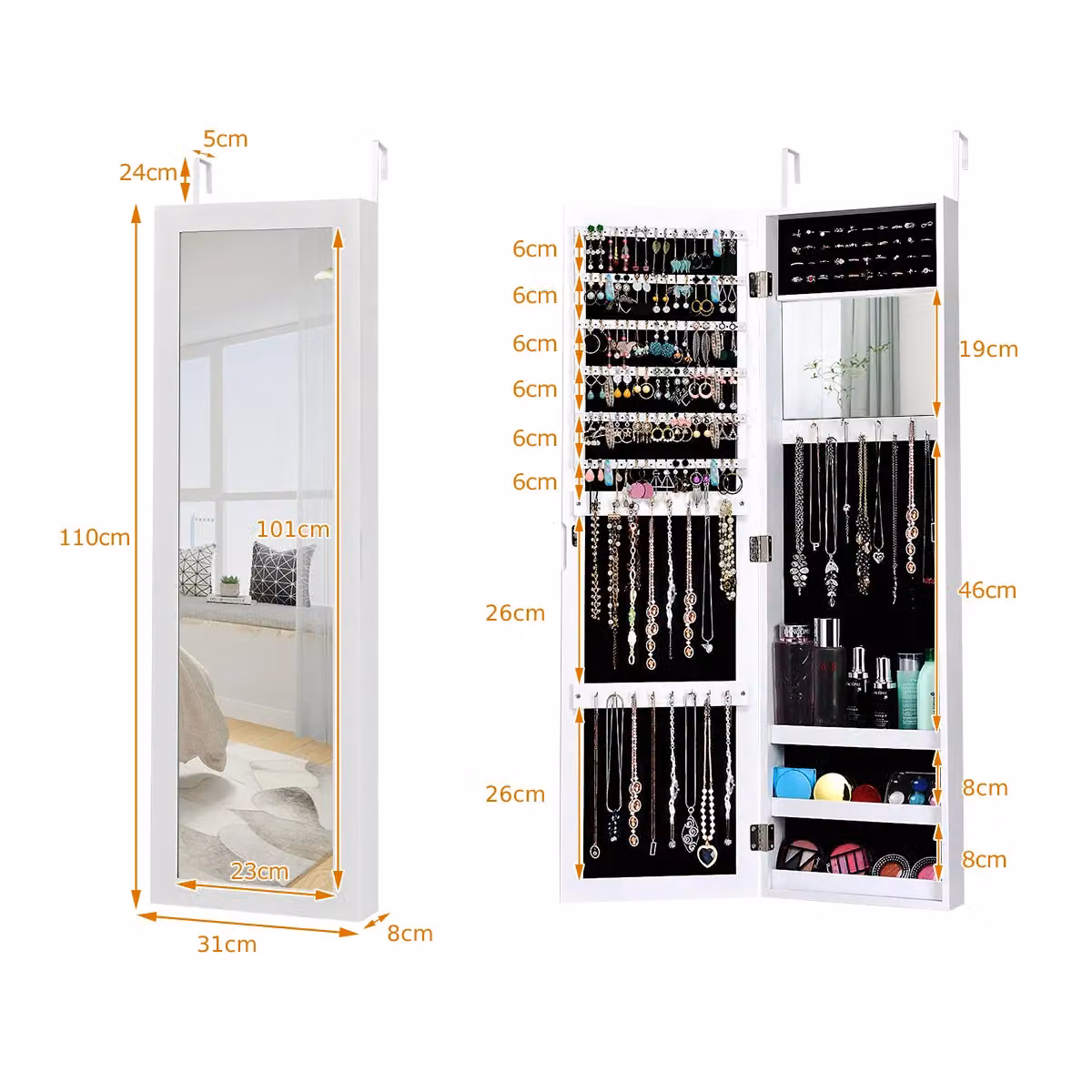 Costway Wall Mounted Jewelry Armoire with Full-Length Mirror in White – 2