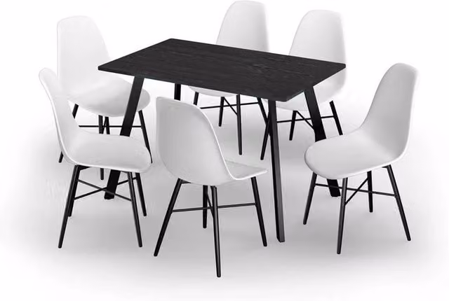 URBNLIVING Modern Dining Set with 110 cm Black Rectangular Table and 6 White Tulip Chairs